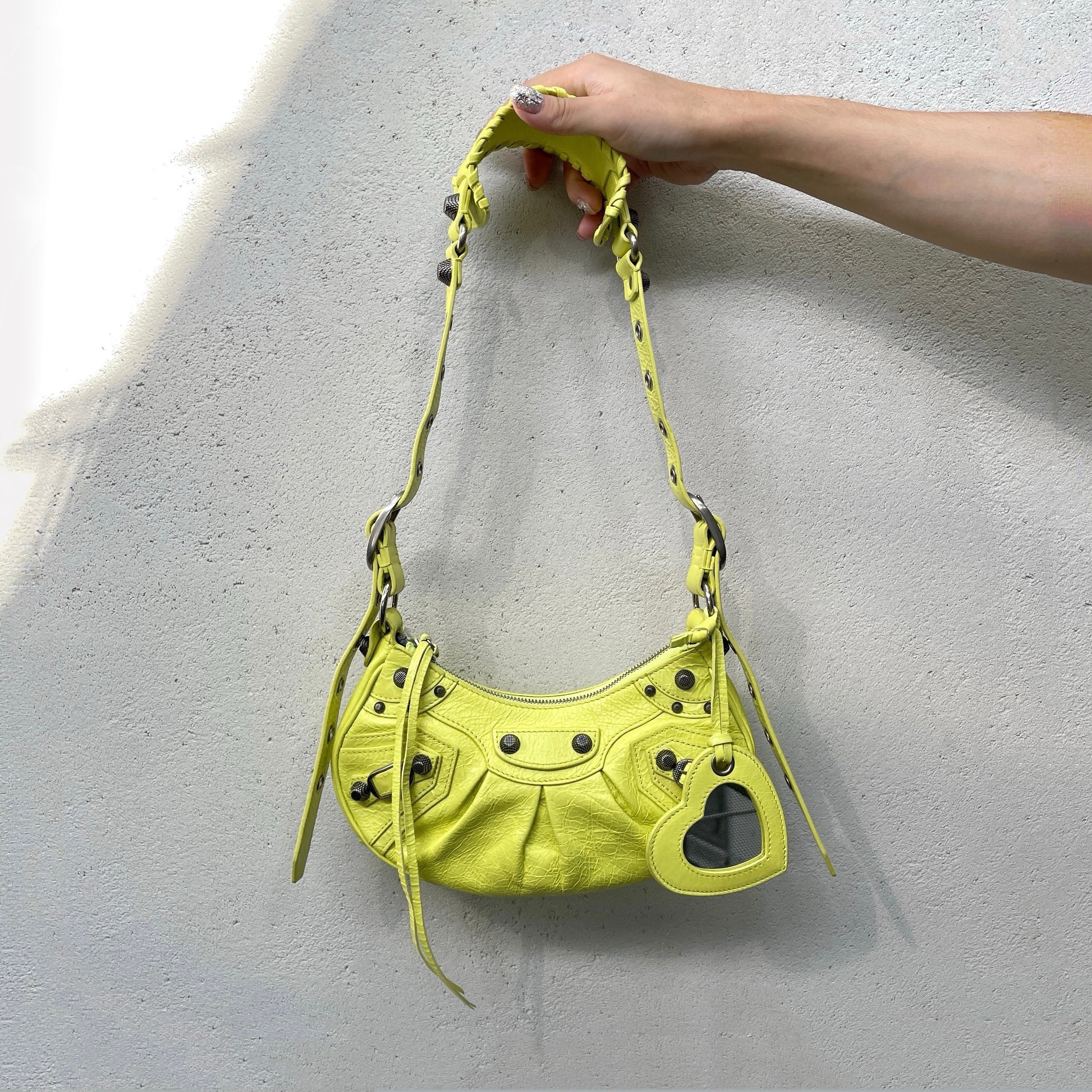 RAREBalenciaga Le Cagole Shoulder Bag XS in Neon Green Arena Lambs