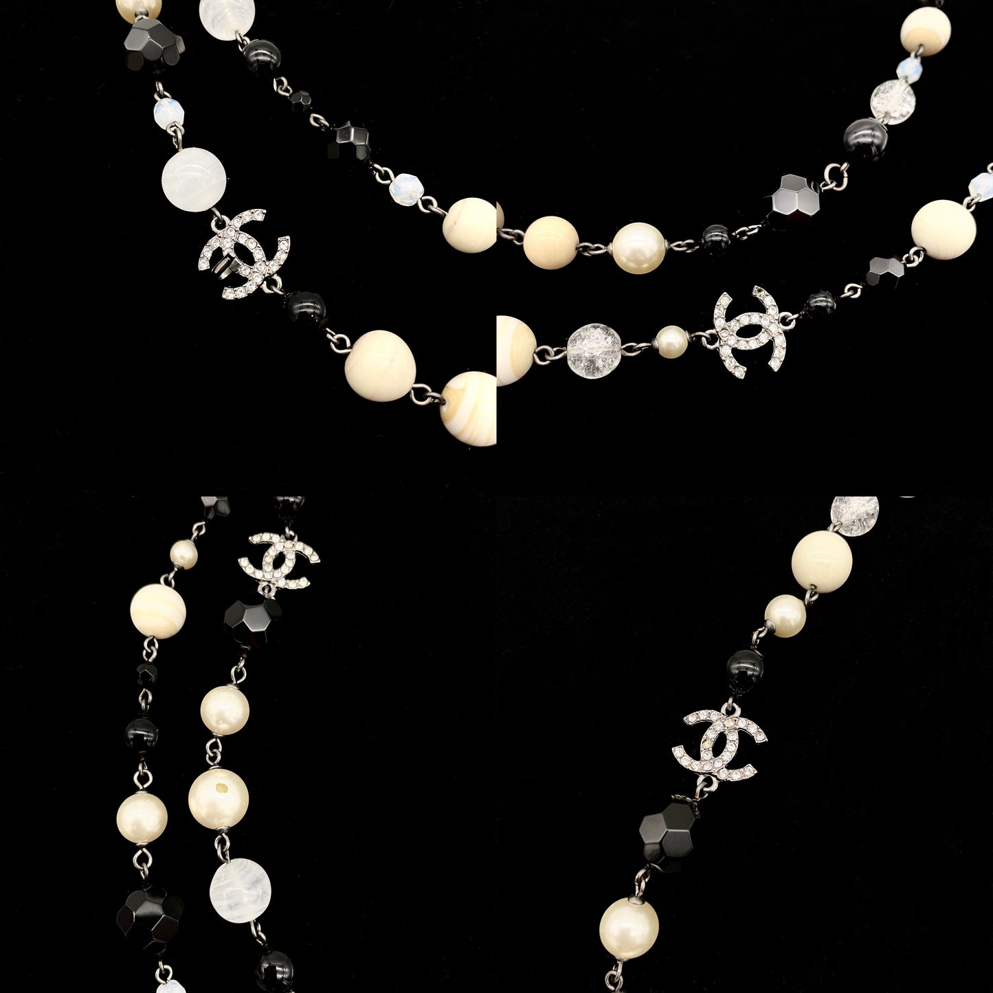 RARE☆☆☆☆☆CHANEL Cruise 2010 Rhinestone CC LOGOS Imitation Pearls Obsidian Necklace Black & White