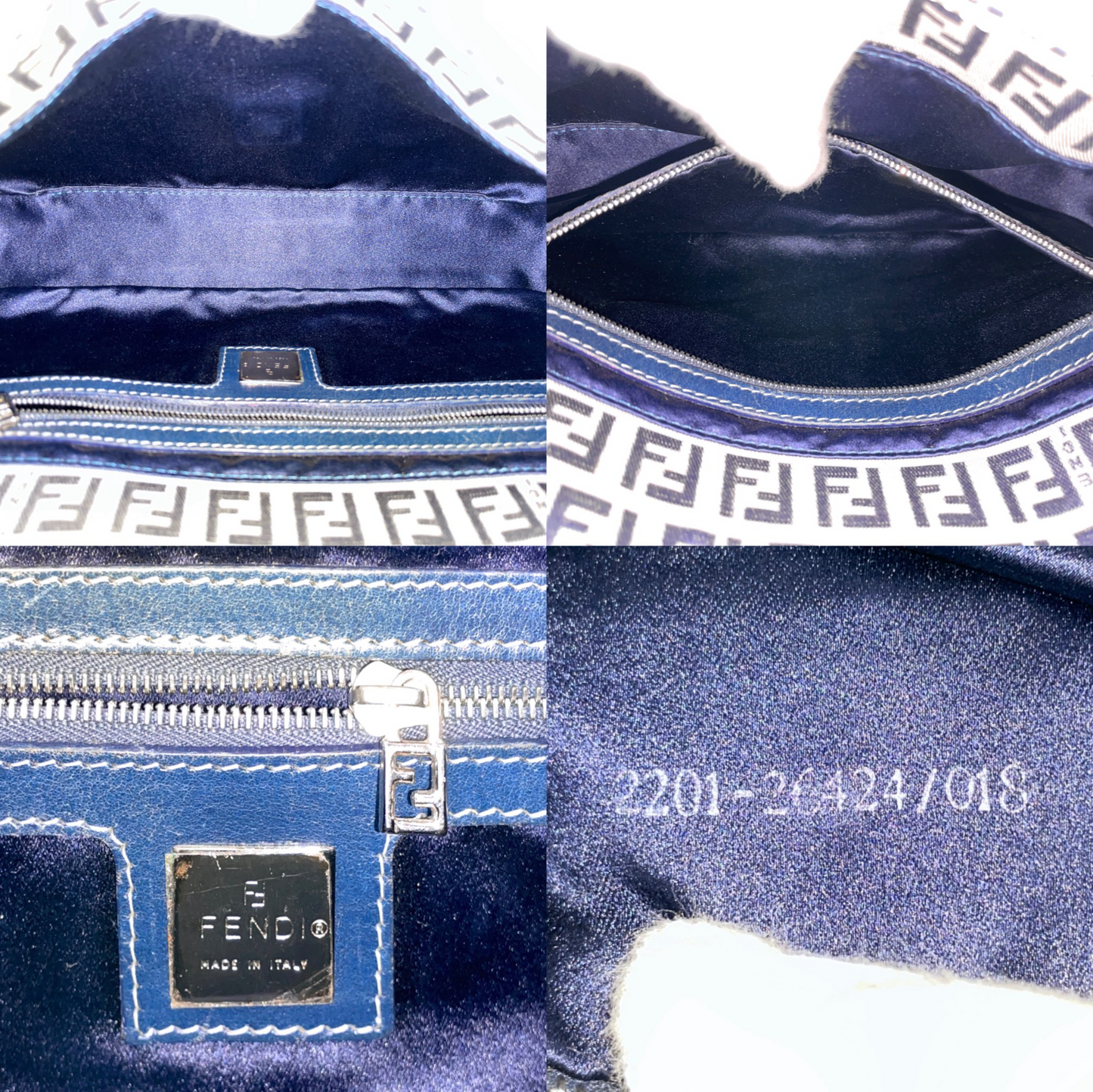 FENDI Zucchino Canvas Mamma Baguette PM Shoulder Bag Navy & Silver