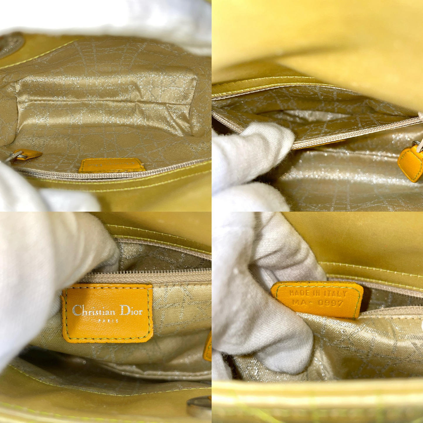 RARE☆☆☆☆CHRISTIAN DIOR Lady-Dior Cannage Satin Mini Hand Bag Yellow & Silver