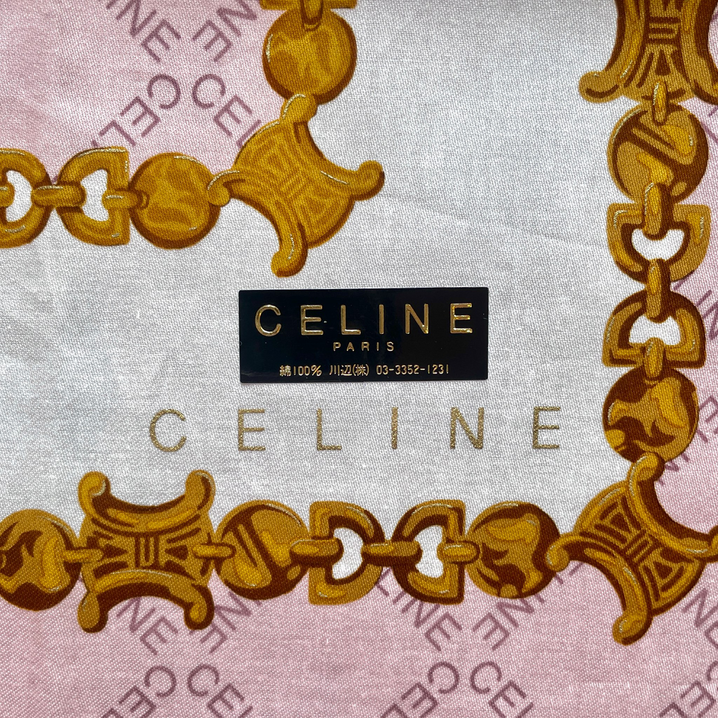 CELINE Mini Scarf Neckerchief Handkerchief Pink & Gold