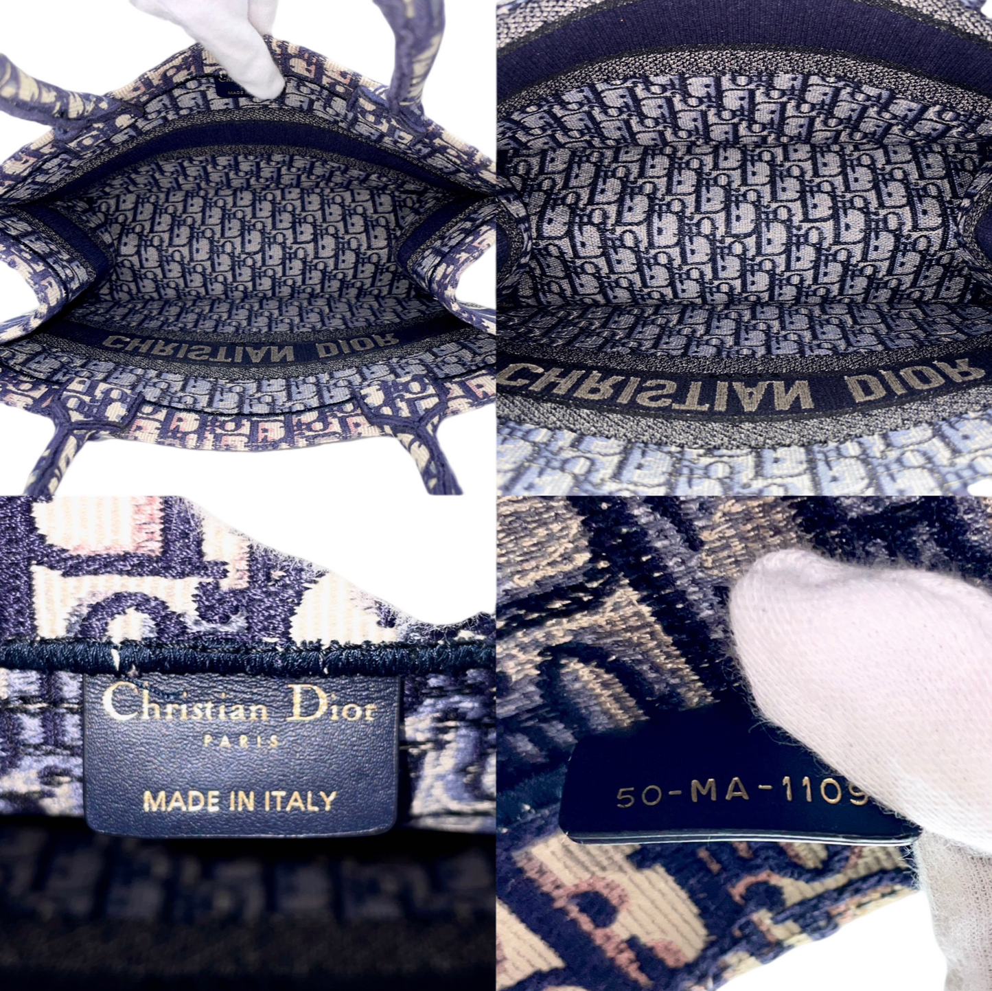 CHRISTIAN DIOR Ecru and Blue Dior Oblique Embroidery Medium Dior Book Tote (List price: 445,000JPY)