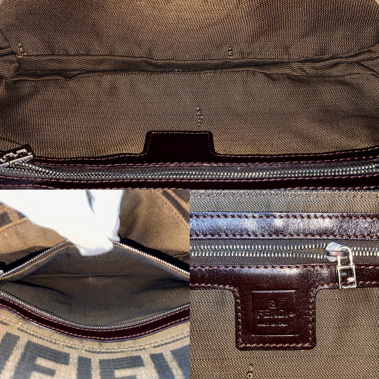 FENDI Zucca Canvas Mamma Baguette PM Shoulder Bag Brown & Silver