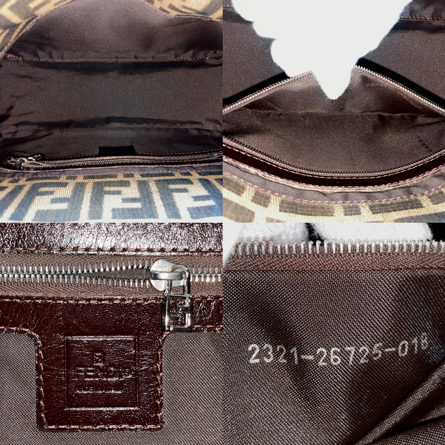 FENDI Zucca Canvas Double Round Flap Mamma Baguette Shoulder Bag PM Brown & Silver