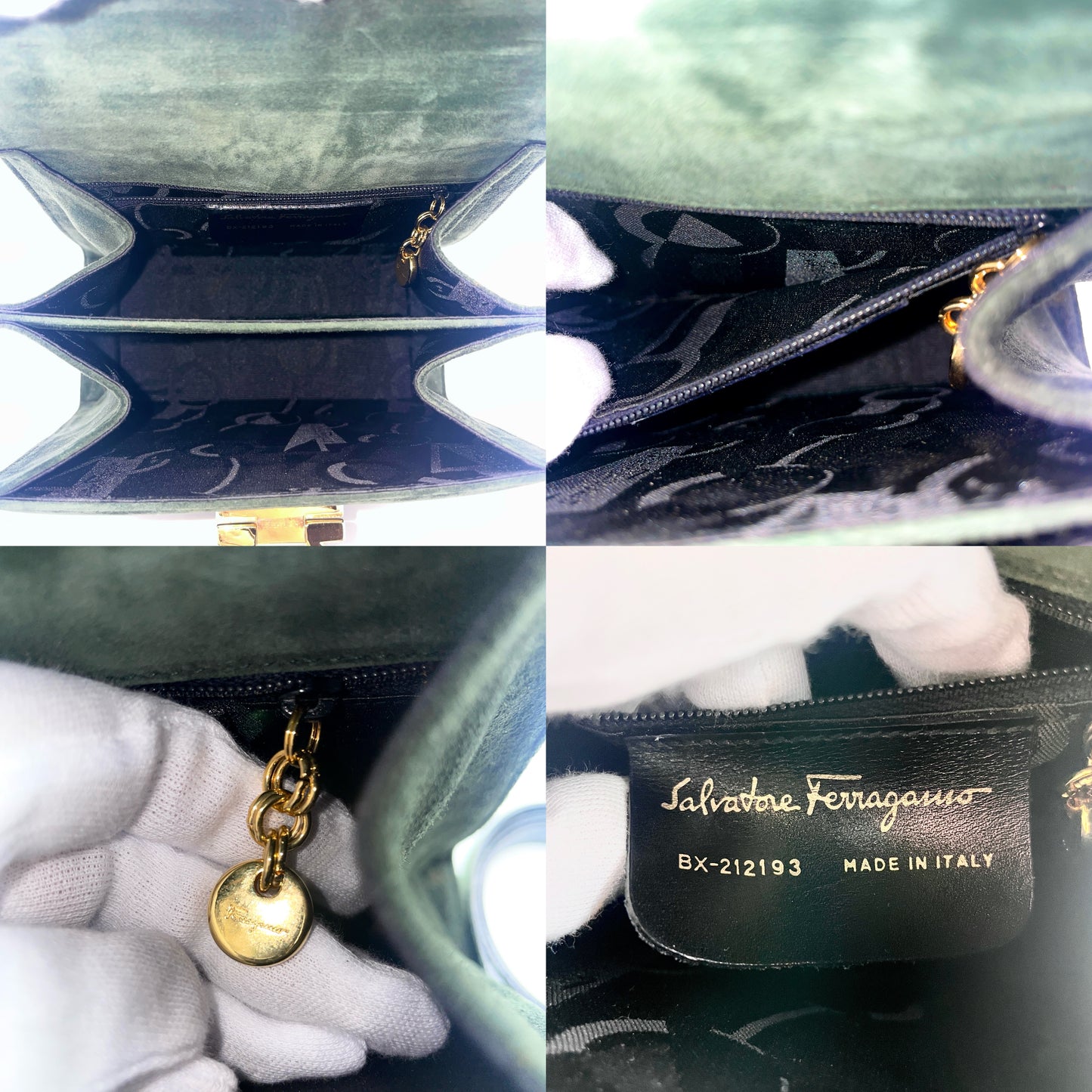 RARE☆☆☆ Salvatore Ferragamo Gancini 2-Way Handbag PM Dark Green Suede Leather