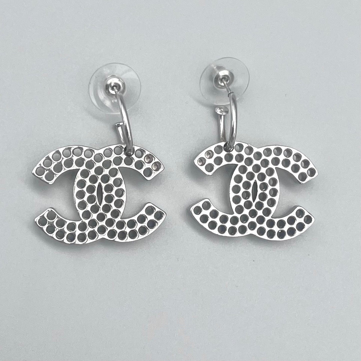 CHANEL Punching Coco Mark Pendant Earrings Silver 03 P