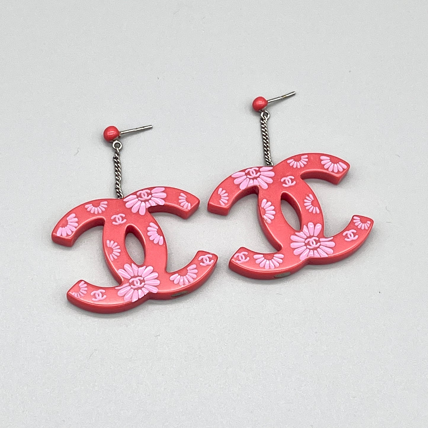 RARE☆☆☆☆AUTH Pre-owned CHANEL Jumbo Coco Mark Flower Motif Earrings Pink