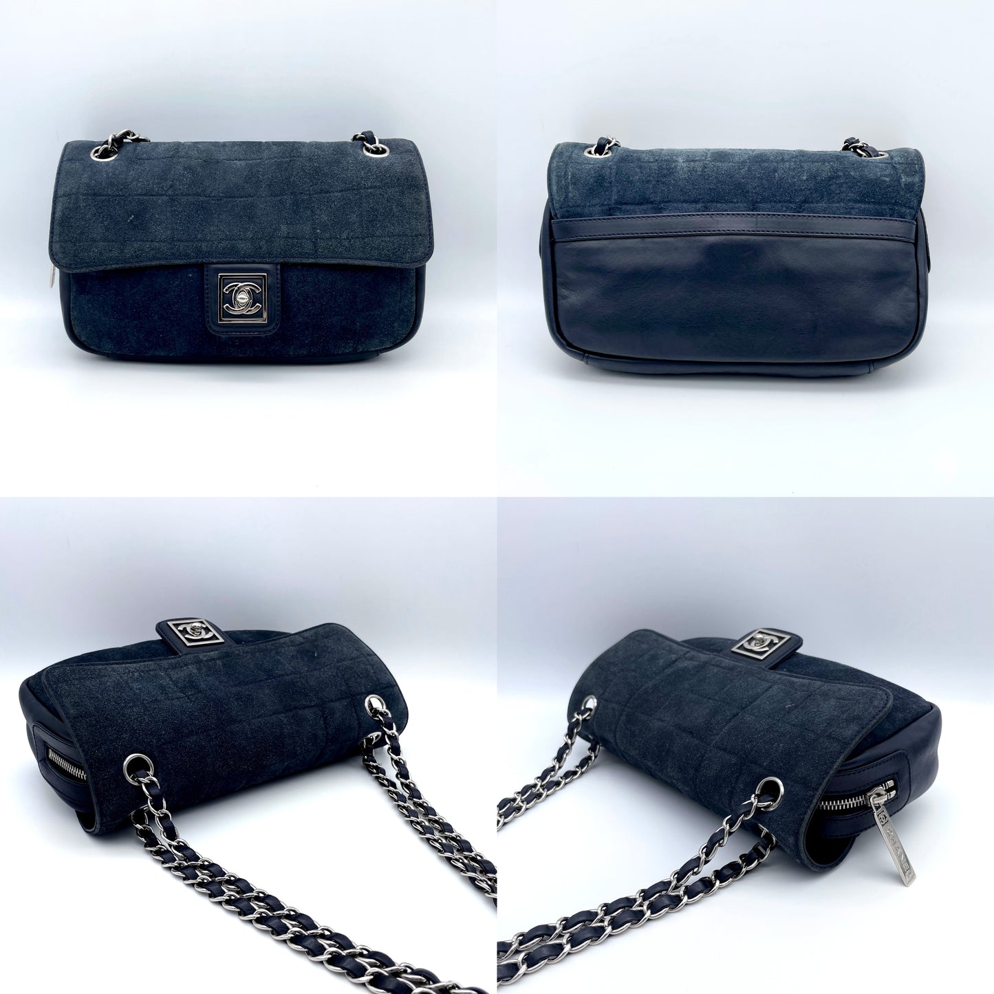 Afar Vintage Pre-owned CHANEL Sportline Chocolate Bar W Chain Shoulder Flap Bag/Navy