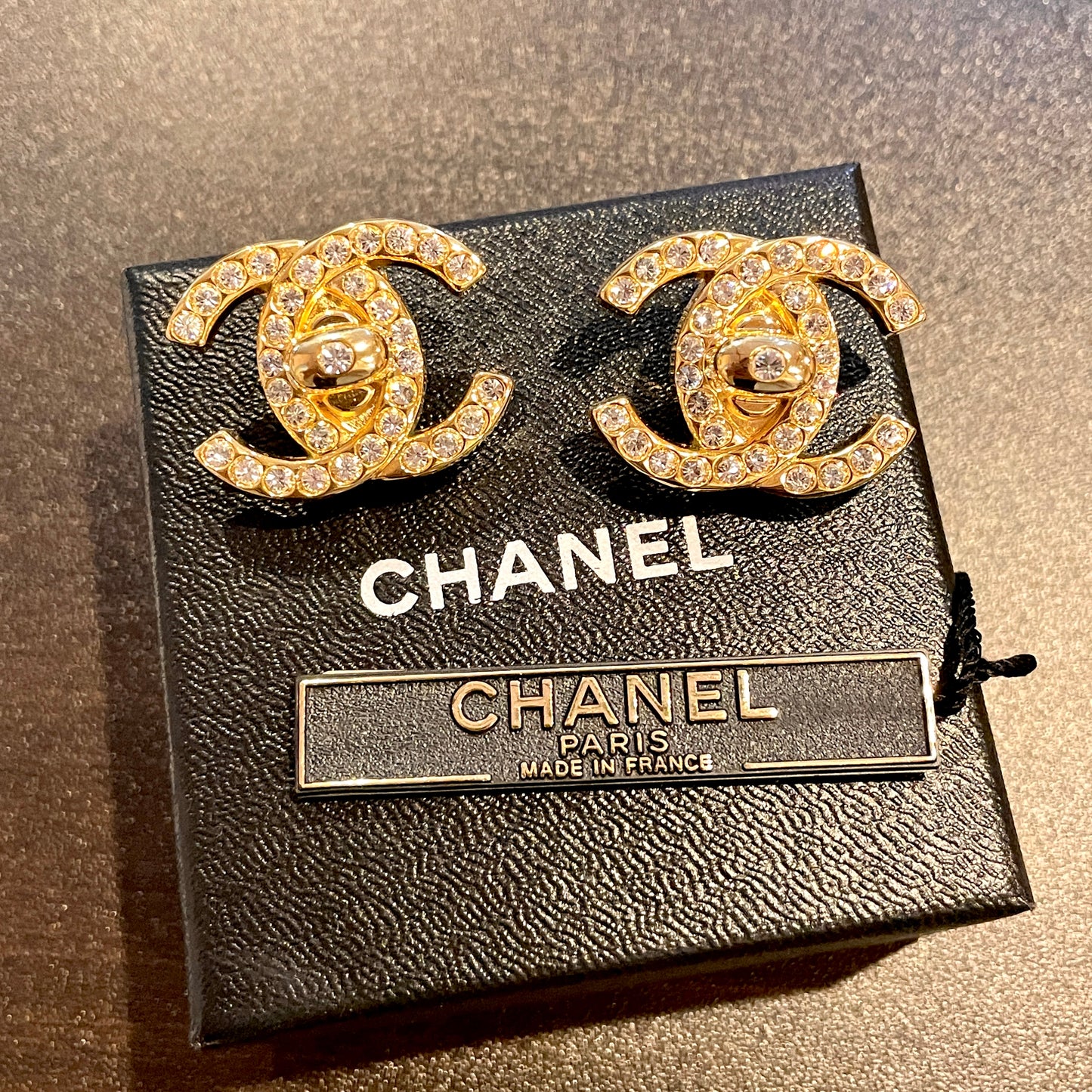 CHANEL Rhinestone Coco Mark Turnlock Earrings 96A