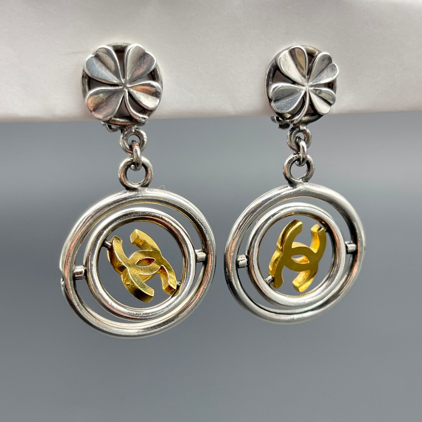 CHANEL Coco Mark Four Leaf Earrings/Silver x Gold