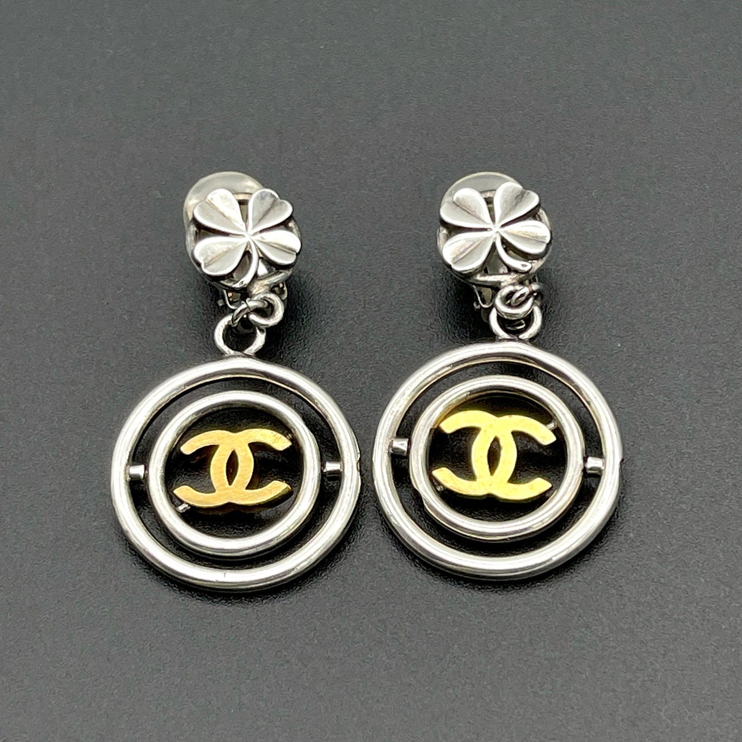 CHANEL Coco Mark Four Leaf Earrings/Silver x Gold