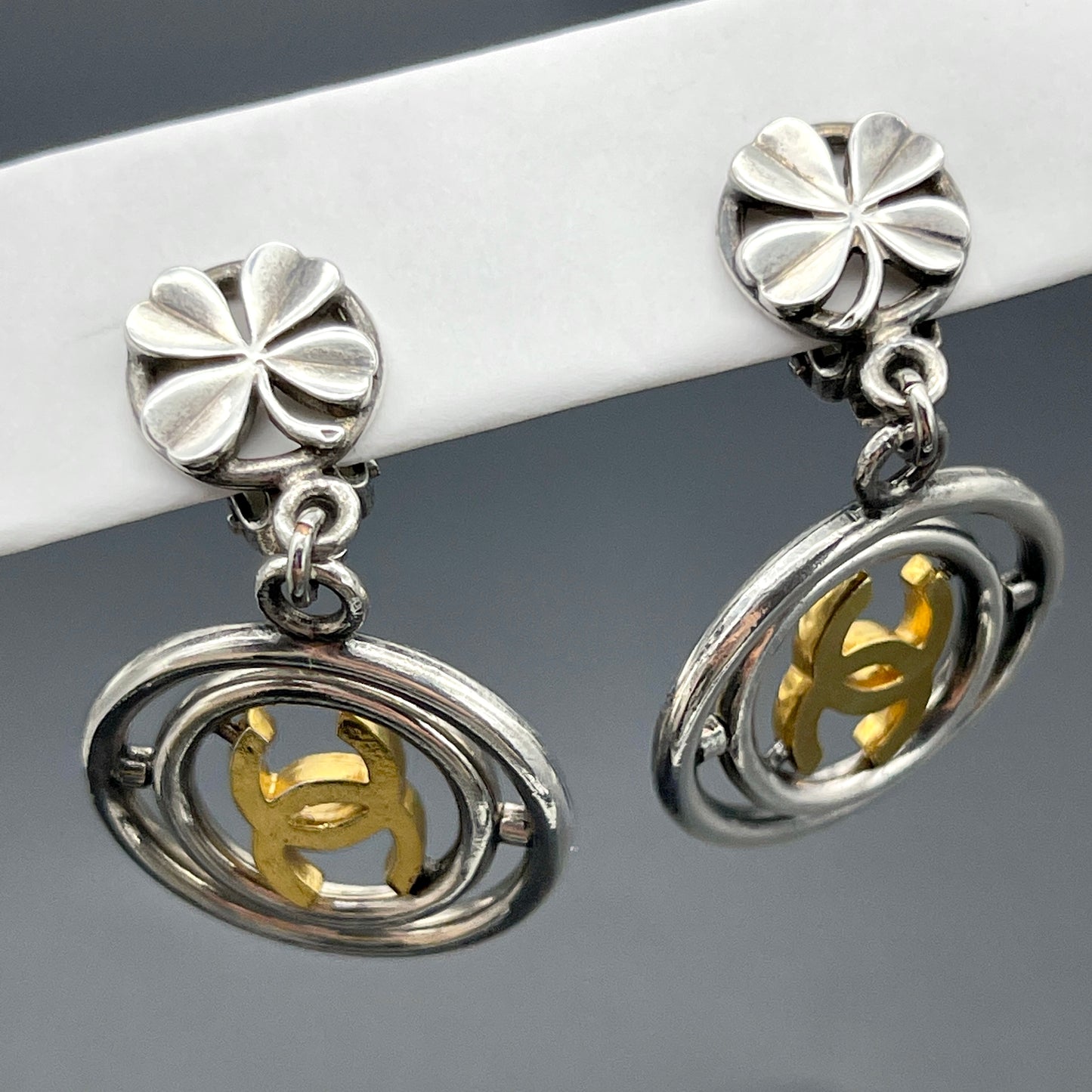 CHANEL Coco Mark Four Leaf Earrings/Silver x Gold