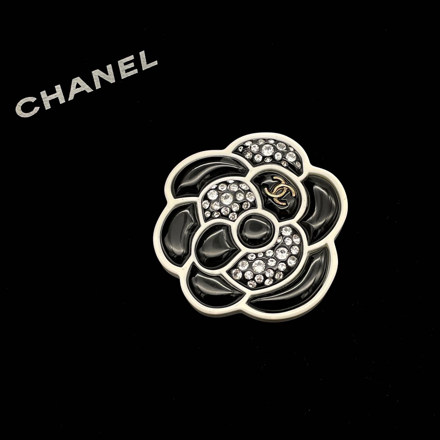 CHANEL Camellia Coco Mark Rhinestone Brooch D19B