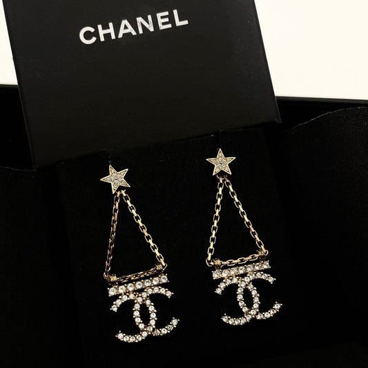 RARE☆☆☆CHANEL Line Stone Star Coco Mark Pendant Earrings