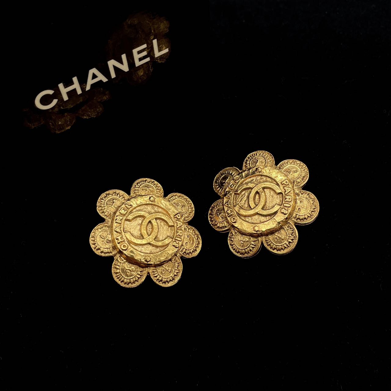 CHANEL Coco Mark Medal Flower Earrings