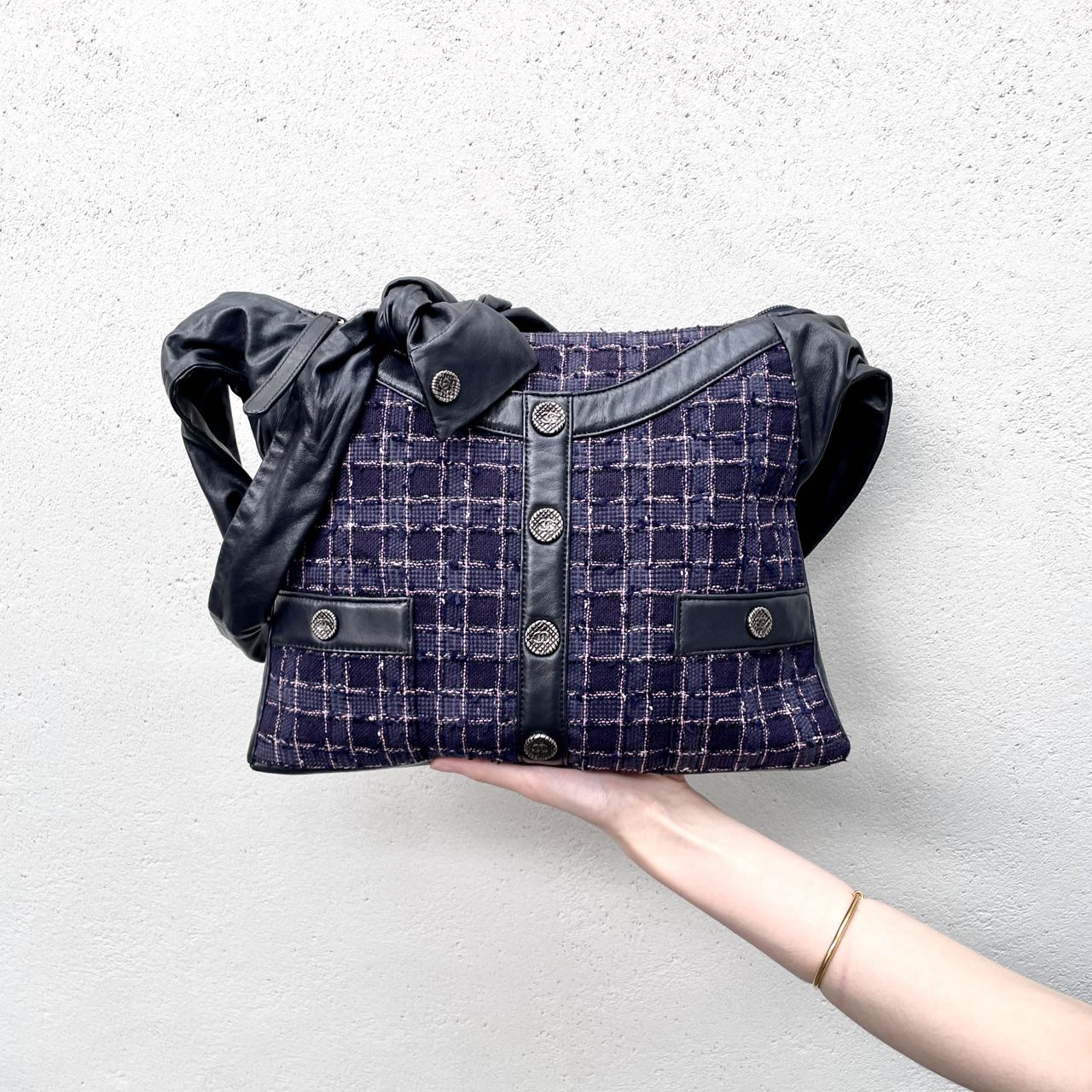 RARE☆☆☆☆☆CHANEL 2015SS Collection Girl Chanel Purple Tweed Black Lump Skin Leather