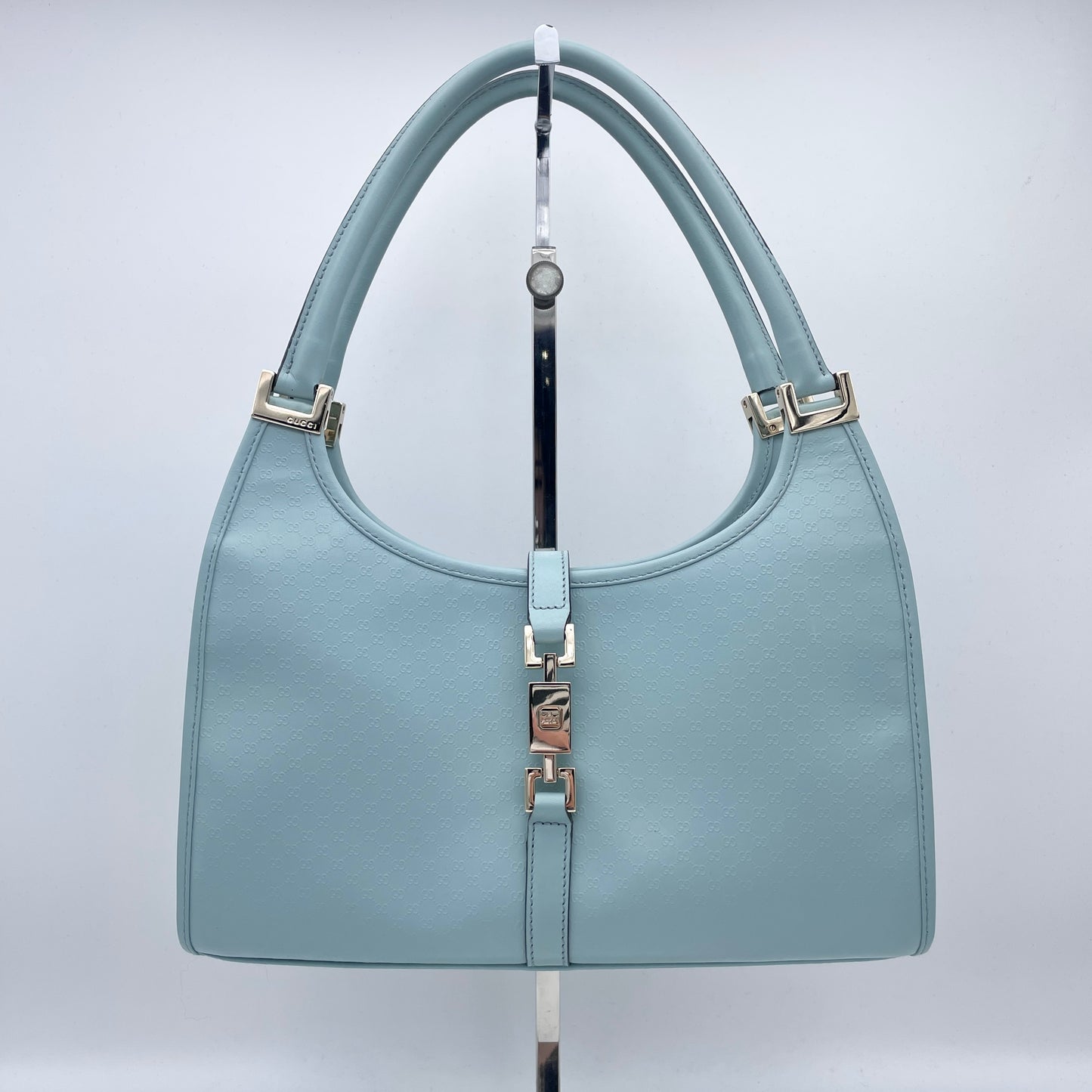 AUTH Pre-owned GUCCI GG Leather Jackie Lock Double Handle Light Blue