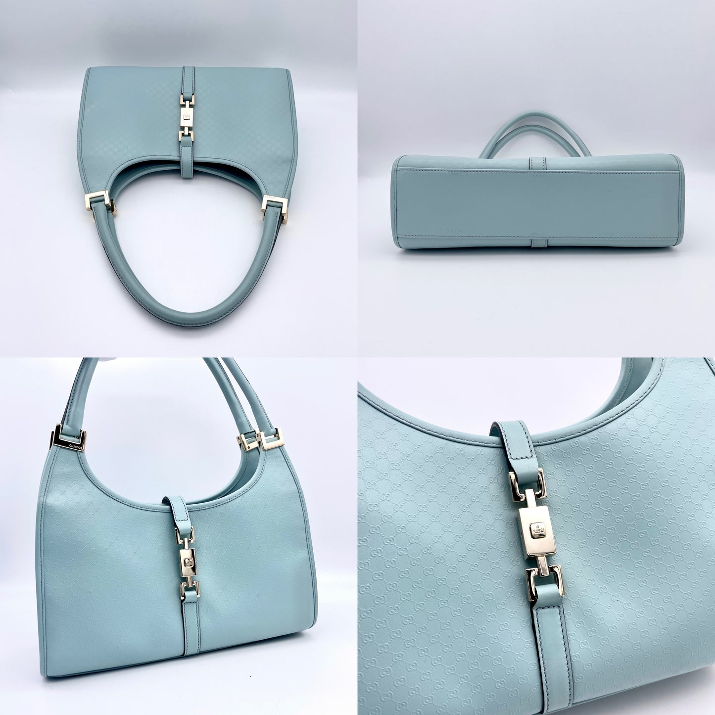 AUTH Pre-owned GUCCI GG Leather Jackie Lock Double Handle Light Blue