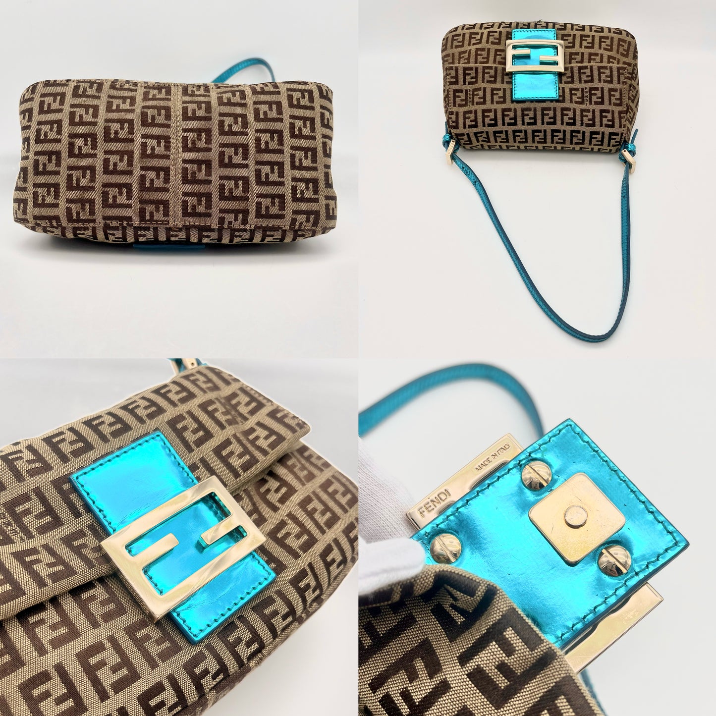 AUTH 二手 FENDI 足球图案 V 口妈妈 baget 黄金金属零件复制品