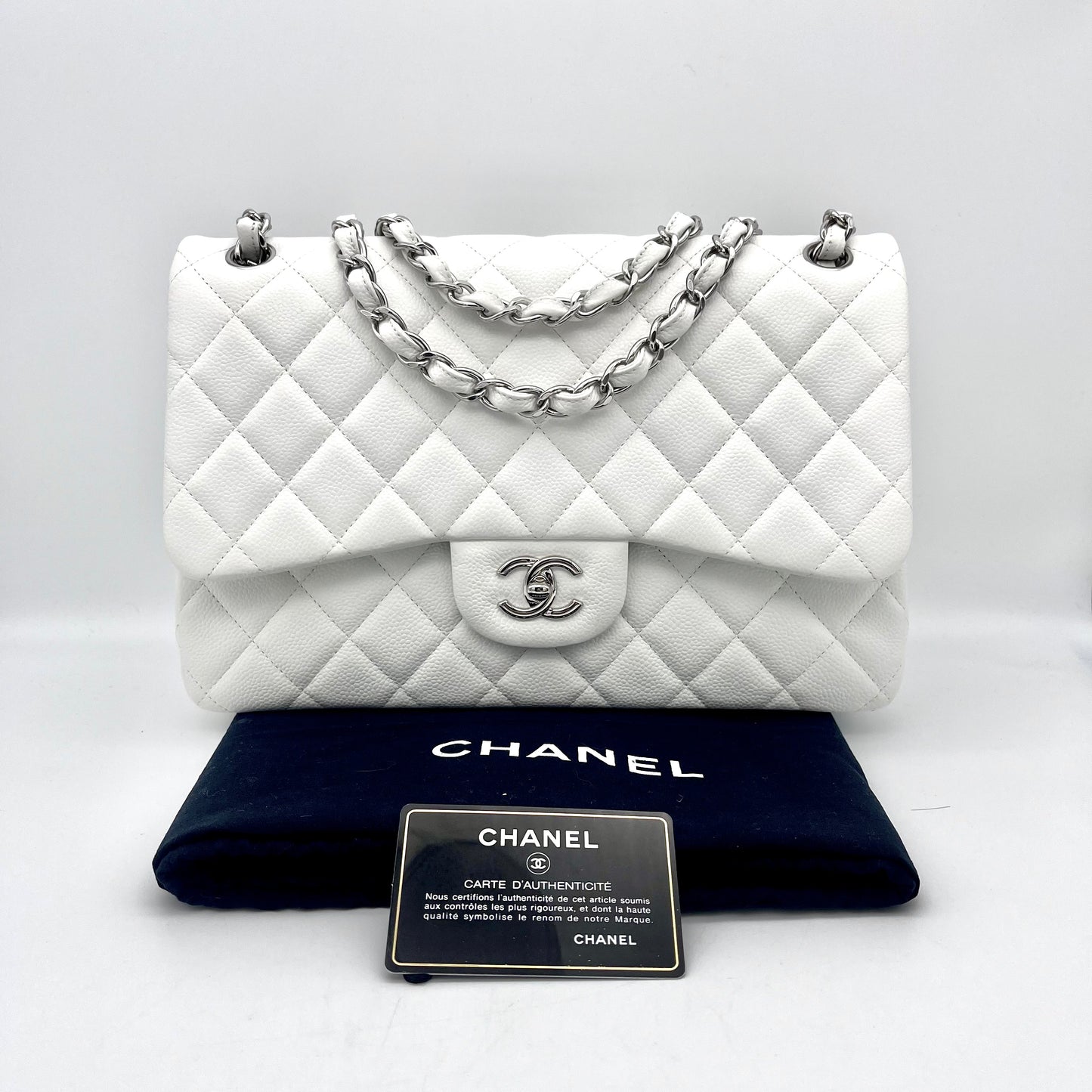 RARE☆☆☆CHANEL Caviar Skin Matelasse Coco Mark Turn Rock Classic Flap GM White SHW