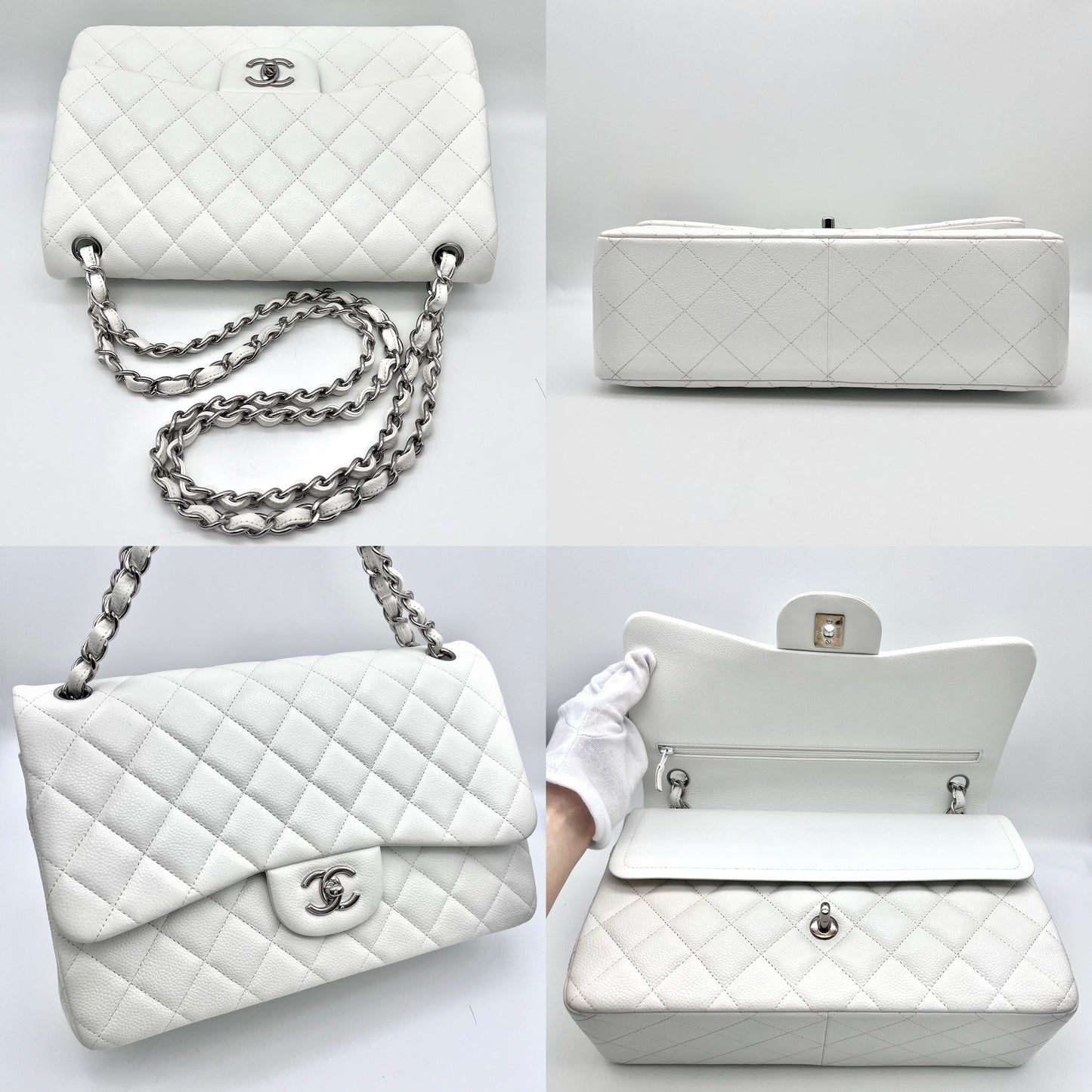 RARE☆☆☆CHANEL Caviar Skin Matelasse Coco Mark Turn Rock Classic Flap GM White SHW