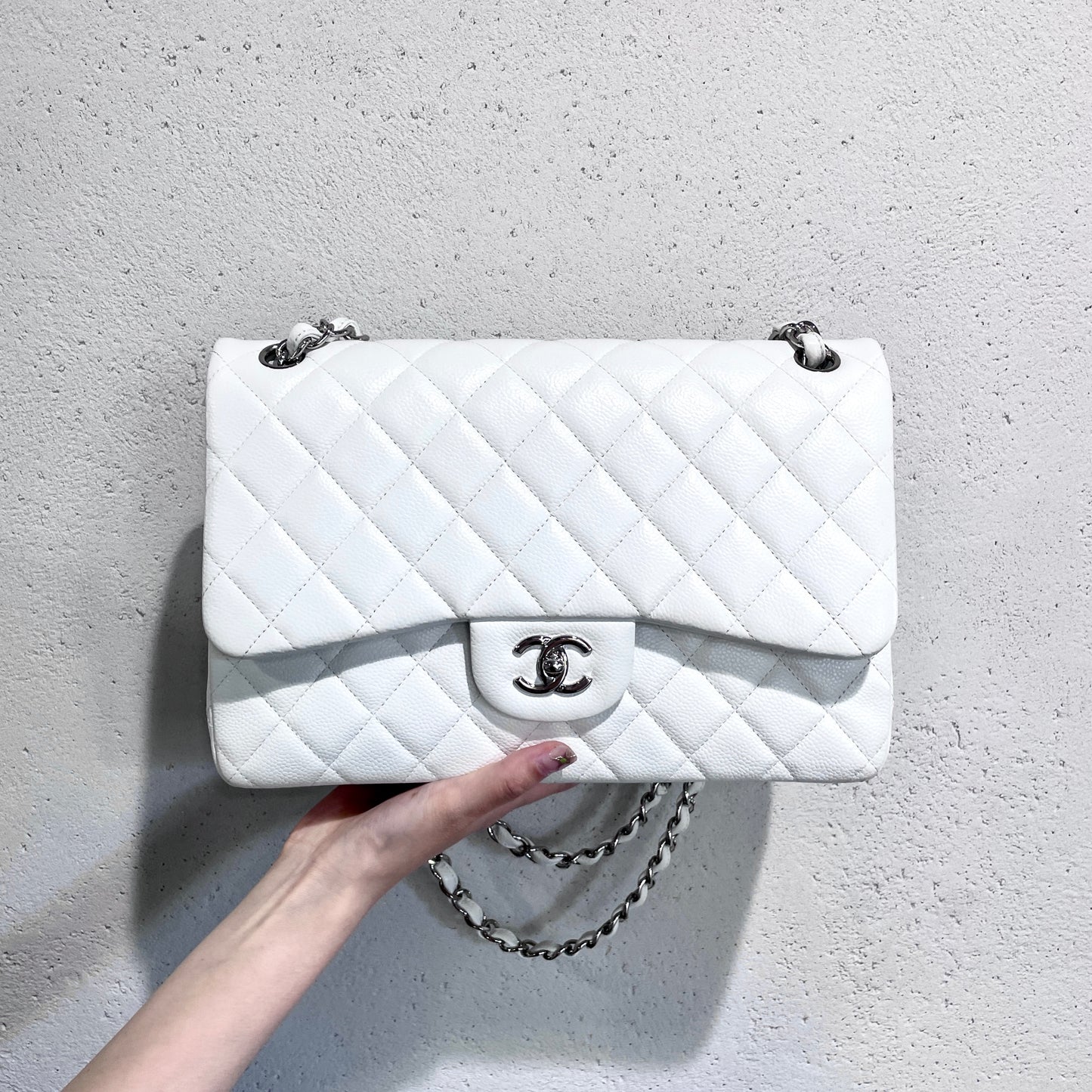 RARE☆☆☆CHANEL Caviar Skin Matelasse Coco Mark Turn Rock Classic Flap GM White SHW