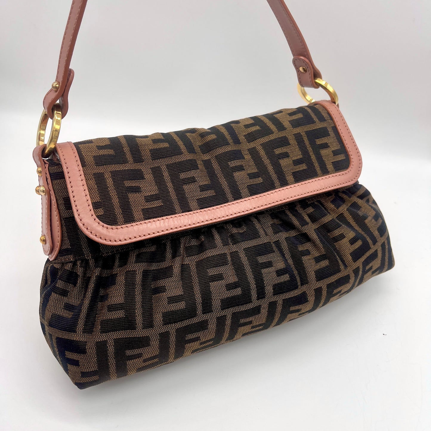 AUTH 二手 FENDI Sukka 单肩包 粉色 x 棕色