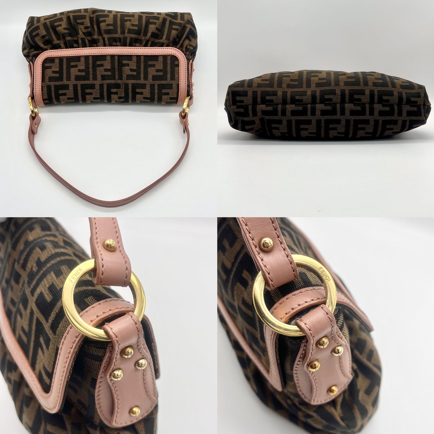 AUTH 二手 FENDI Sukka 单肩包 粉色 x 棕色