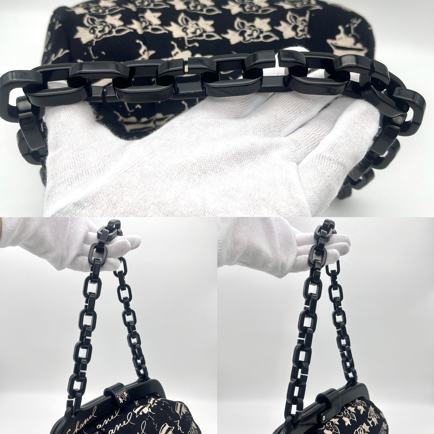 RARE☆☆☆☆AUTH 二手 CHANEL 山茶花帆布塑料链条单肩包