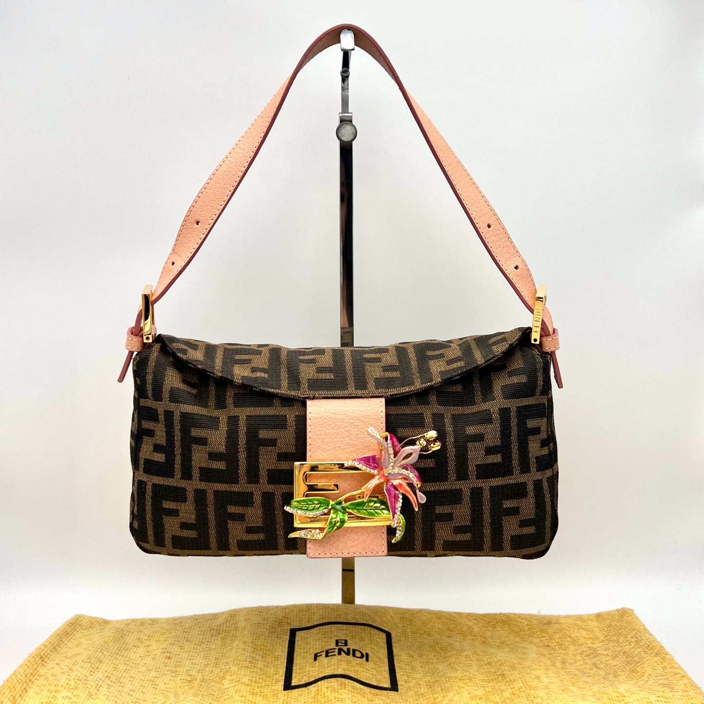 RARE☆☆☆☆AUTH Pre-owned FENDI ｽﾞｯｶ 円口ﾏﾝﾏﾊﾞｹｯﾄPM ﾌﾗﾜｰFFﾛｺﾞｺﾞｰﾙﾄﾞ金具