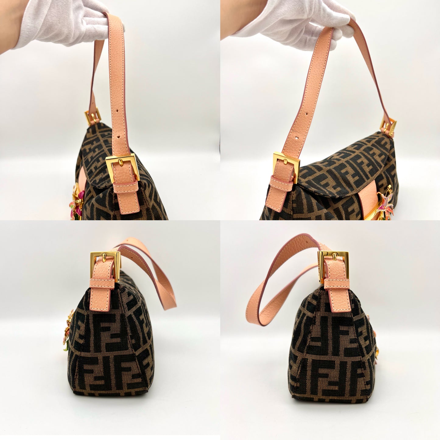 RARE☆☆☆☆AUTH Pre-owned FENDI ｽﾞｯｶ 円口ﾏﾝﾏﾊﾞｹｯﾄPM ﾌﾗﾜｰFFﾛｺﾞｺﾞｰﾙﾄﾞ金具