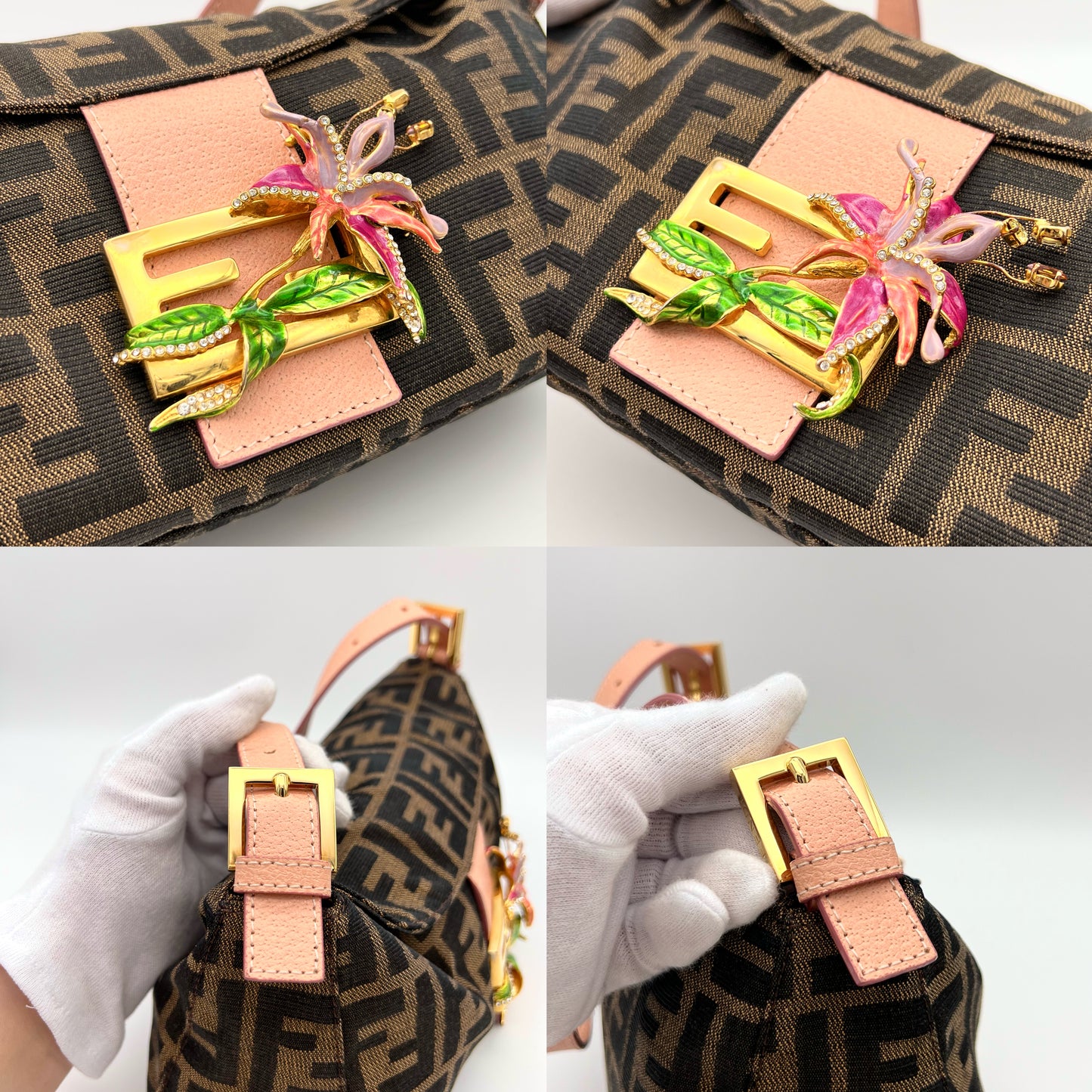 RARE☆☆☆☆AUTH Pre-owned FENDI ｽﾞｯｶ 円口ﾏﾝﾏﾊﾞｹｯﾄPM ﾌﾗﾜｰFFﾛｺﾞｺﾞｰﾙﾄﾞ金具