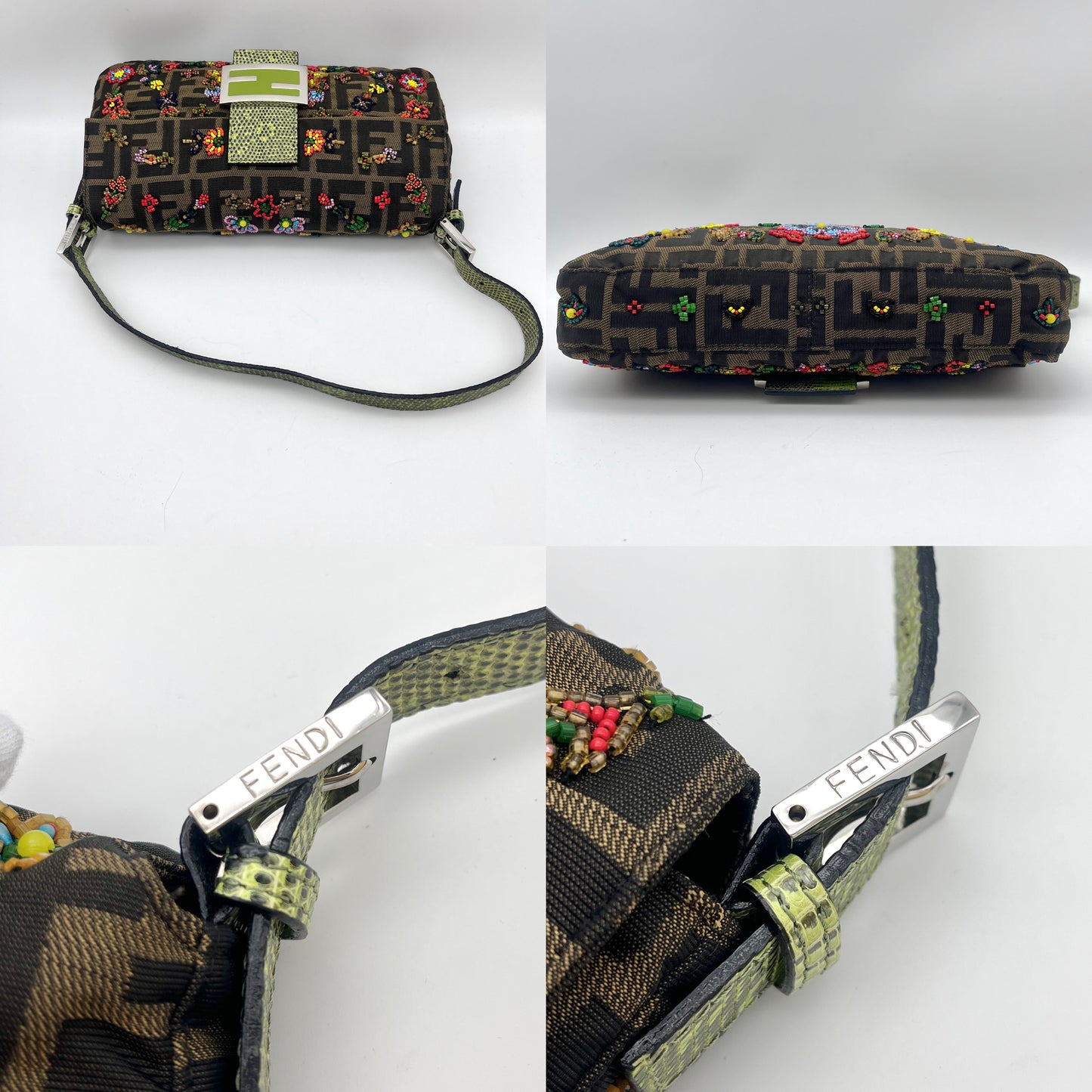 RARE☆☆☆AUTH Pre-owned FENDI ｽﾞｯｶ柄 ﾋﾞｰｽﾞ刺繡ﾘｻﾞｰﾄﾞｽｷﾝﾚｻﾞｰﾏﾝﾏﾊﾞｹｯﾄ15周年限定