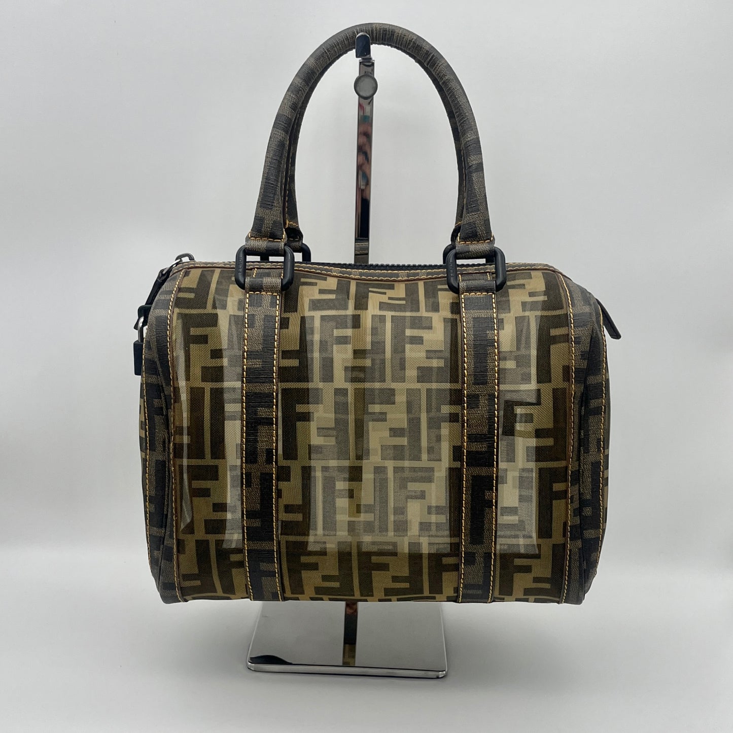 稀有☆☆☆AUTH 二手 FENDI 网布 Boston 25 手提包 棕色