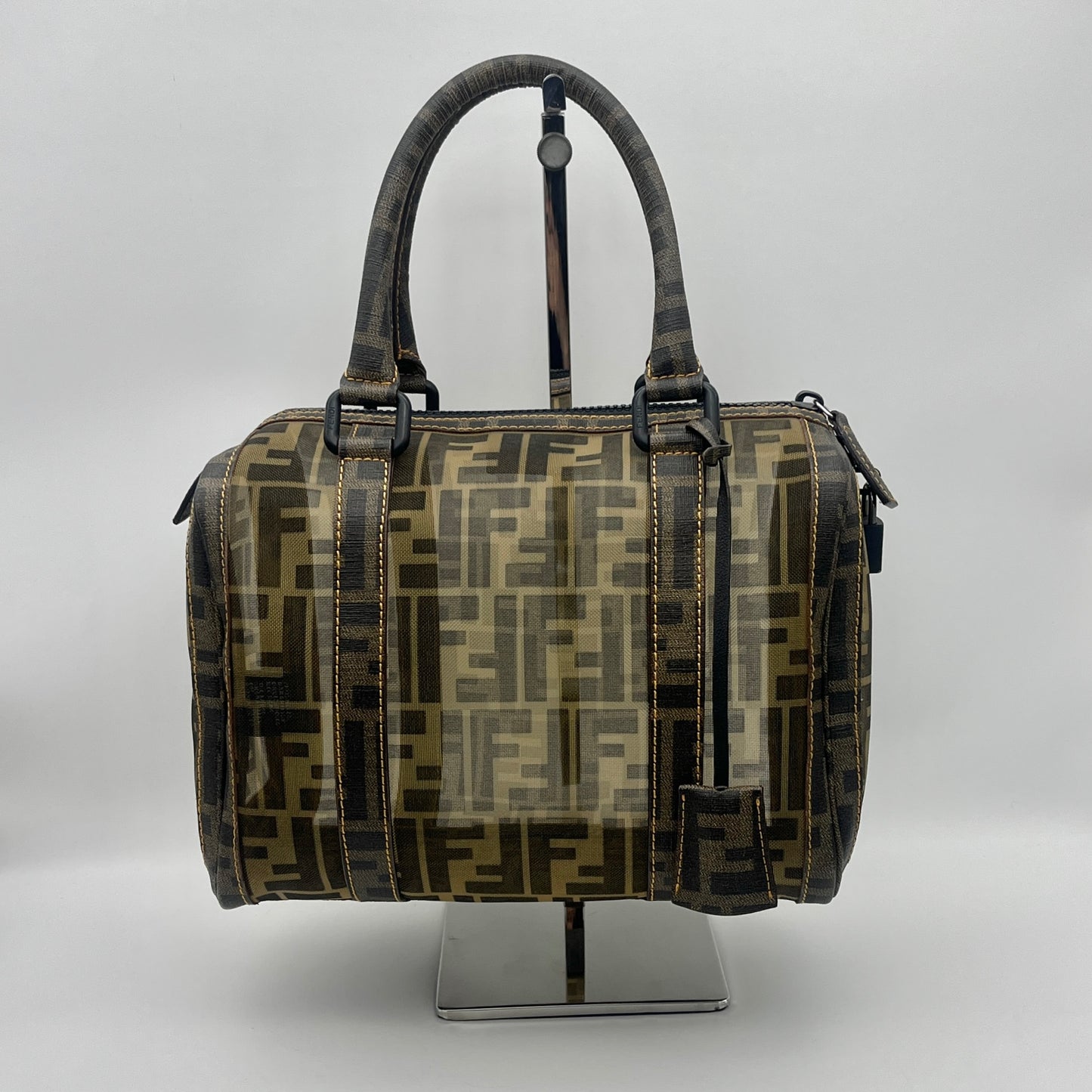 RARE☆☆☆AUTH Pre-owned FENDI ﾒｯｼｭ ﾎﾞｽﾄﾝ25 ﾊﾝﾄﾞﾊﾞｯｸﾞ ﾌﾞﾗｳﾝ