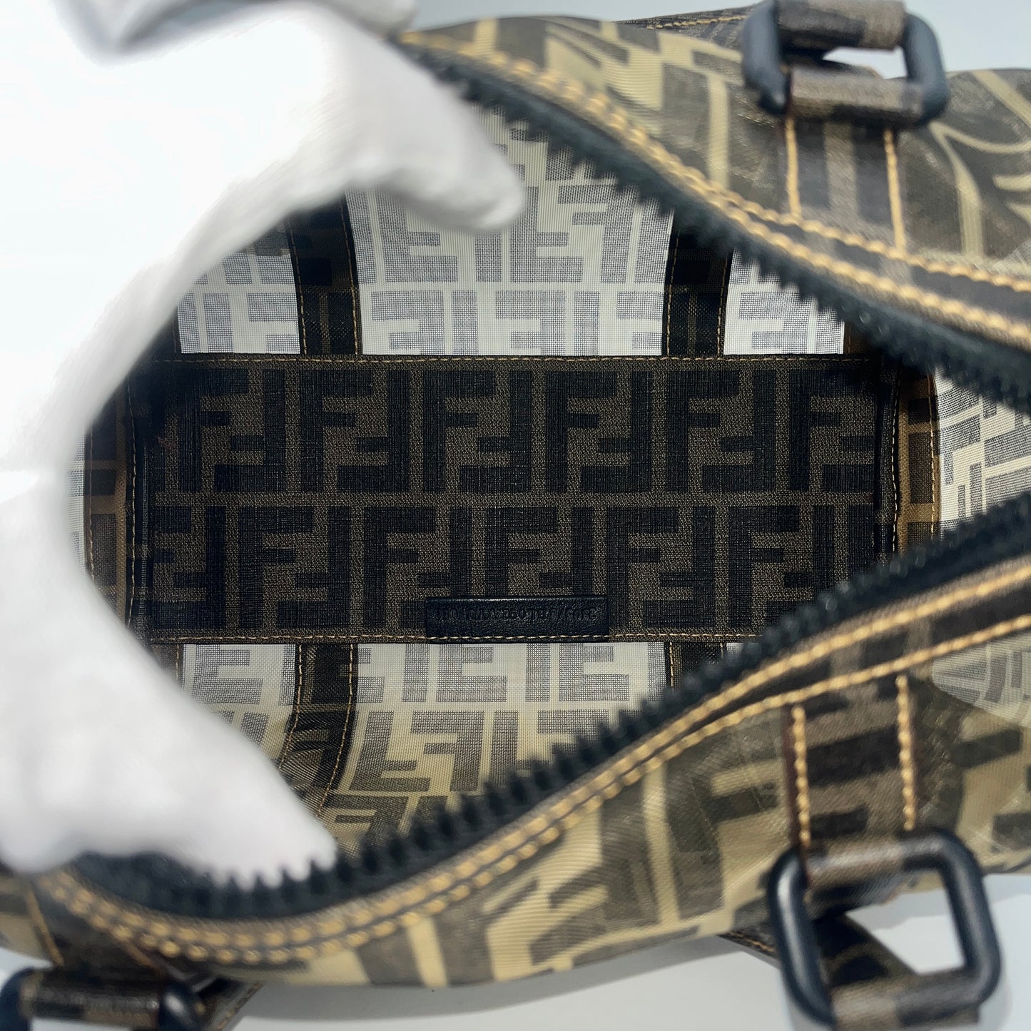 RARE☆☆☆AUTH Pre-owned FENDI ﾒｯｼｭ ﾎﾞｽﾄﾝ25 ﾊﾝﾄﾞﾊﾞｯｸﾞ ﾌﾞﾗｳﾝ