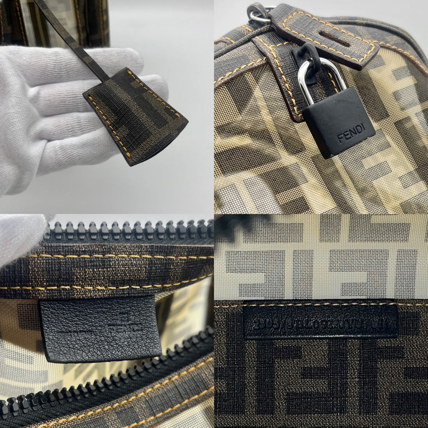 稀有☆☆☆AUTH 二手 FENDI 网布 Boston 25 手提包 棕色