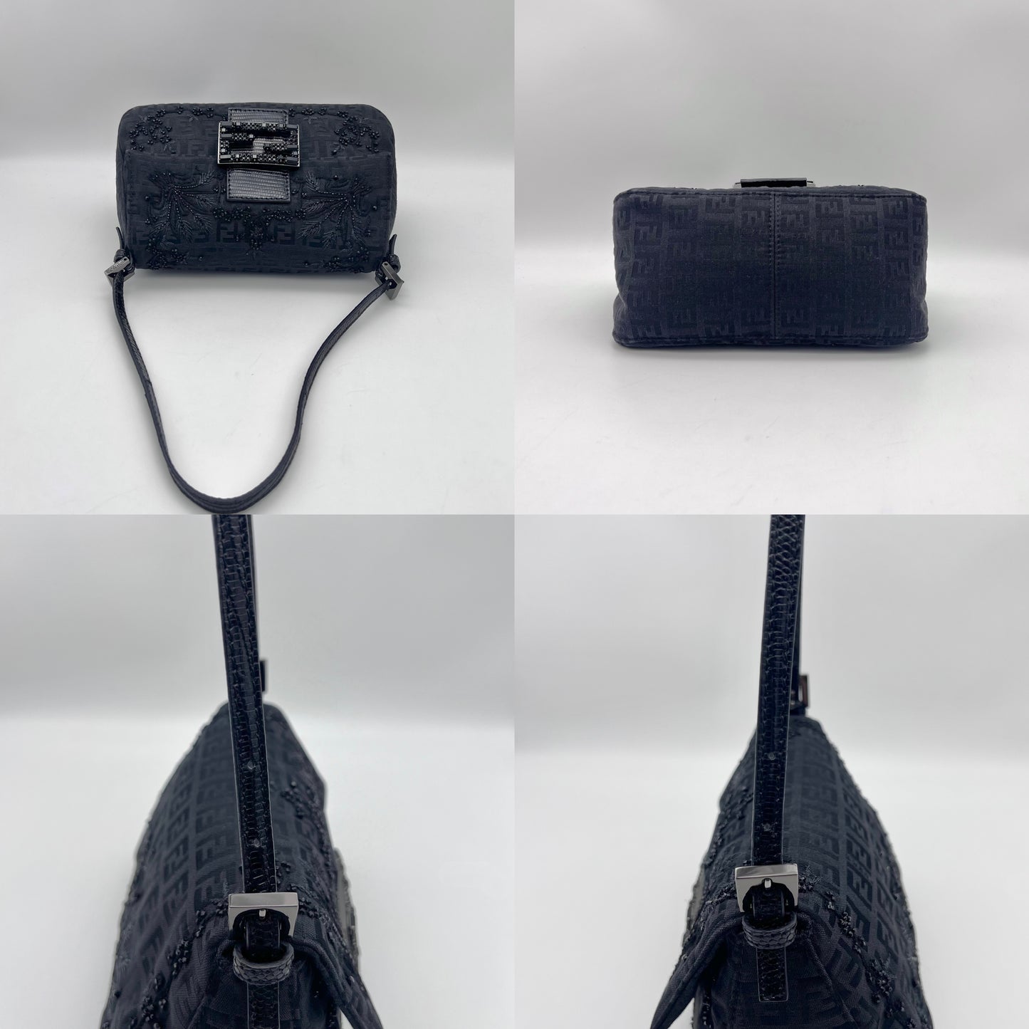 RARE☆☆☆☆AUTH Pre-owned FENDI ｽﾞｯｷｰﾉ ﾋﾞｰｽﾞ刺繡ﾐﾆﾏﾝﾏﾊﾞｹｯﾄ ﾘｻﾞｰﾄﾞｽｷﾝﾚｻﾞｰ ﾌﾞﾗｯｸ