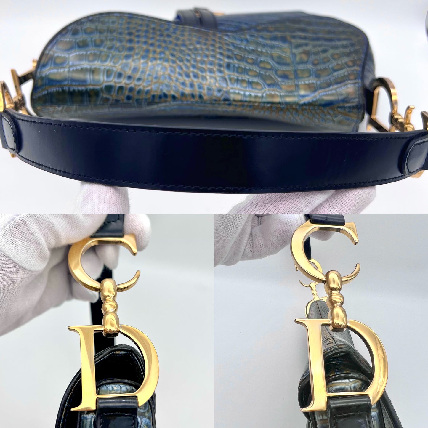 RARE☆☆☆☆☆☆AUTH Pre-owned Christian Dior Crocodile Skin Patent Leather Saddlebag Blue