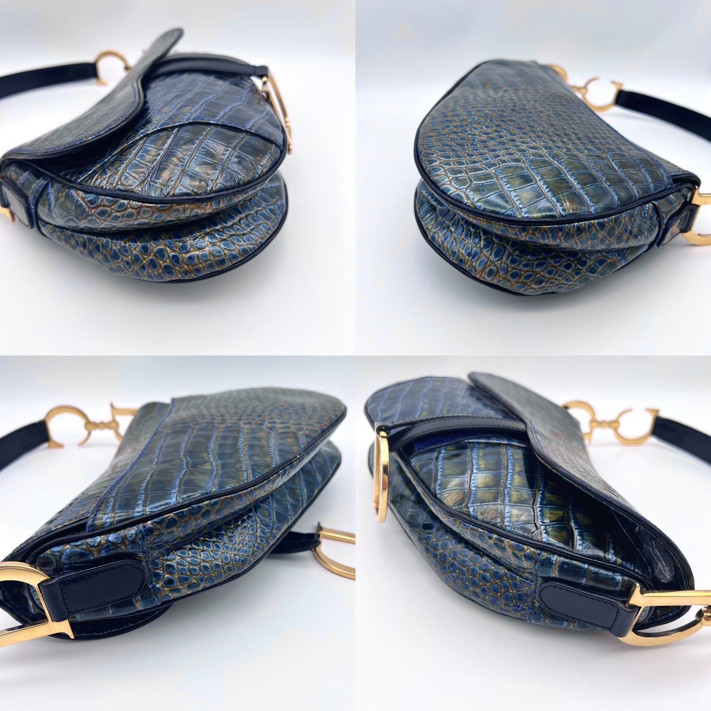 RARE☆☆☆☆☆☆AUTH Pre-owned Christian Dior Crocodile Skin Patent Leather Saddlebag Blue