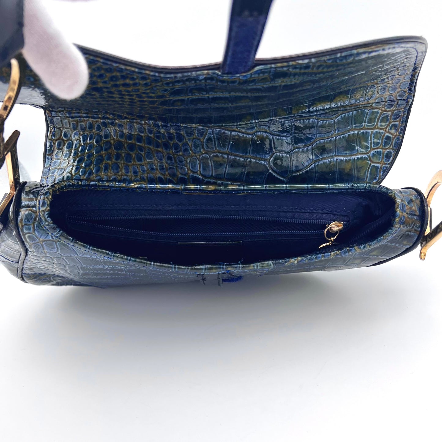 RARE☆☆☆☆☆☆AUTH Pre-owned Christian Dior Crocodile Skin Patent Leather Saddlebag Blue