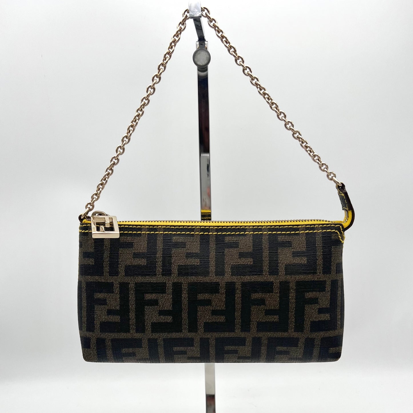 RARE☆AUTH Pre-owned FENDI Sukka Chain Accessory Pouch Brown x Yellow GHW