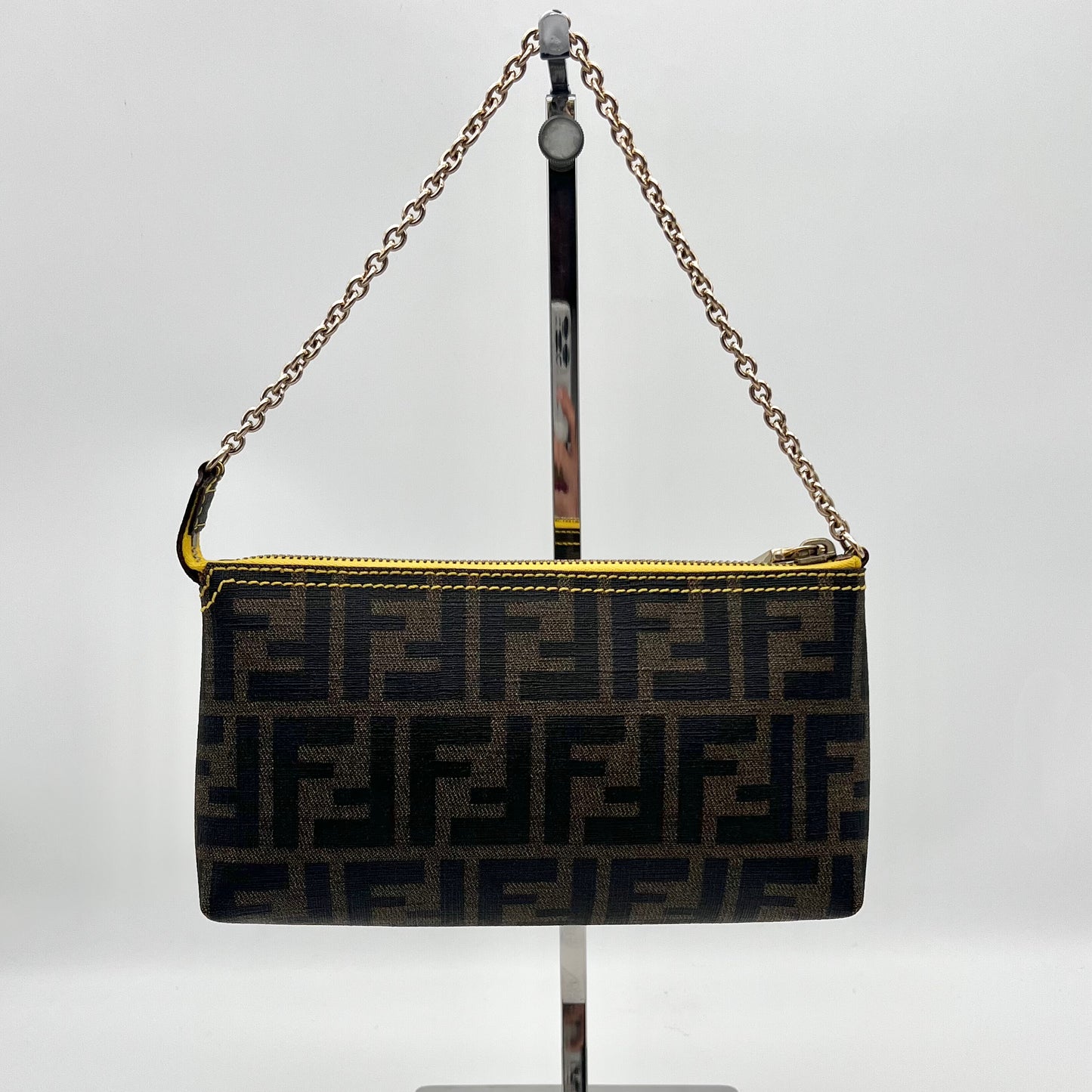 RARE☆AUTH Pre-owned FENDI Sukka Chain Accessory Pouch Brown x Yellow GHW