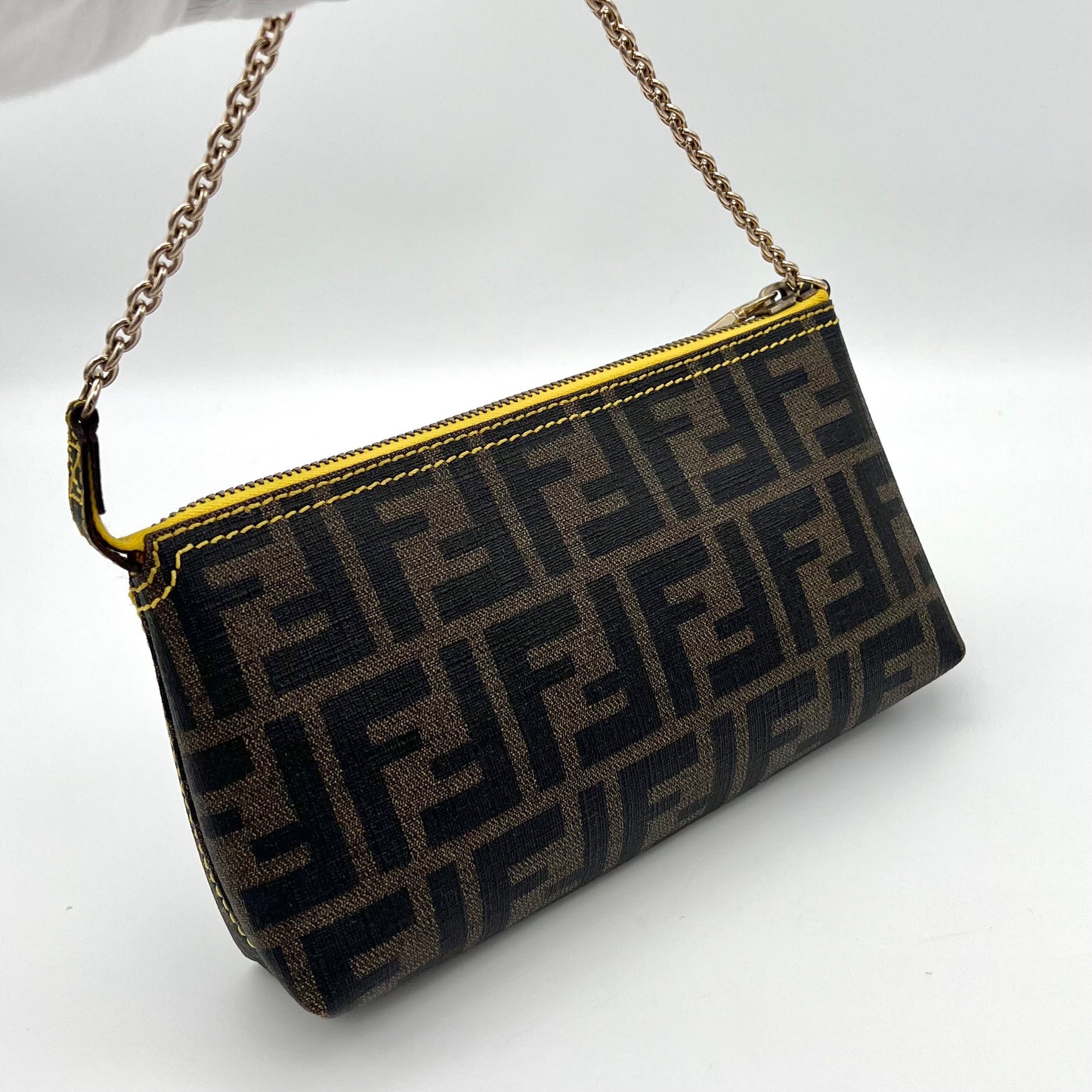 RARE☆AUTH Pre-owned FENDI Sukka Chain Accessory Pouch Brown x Yellow GHW