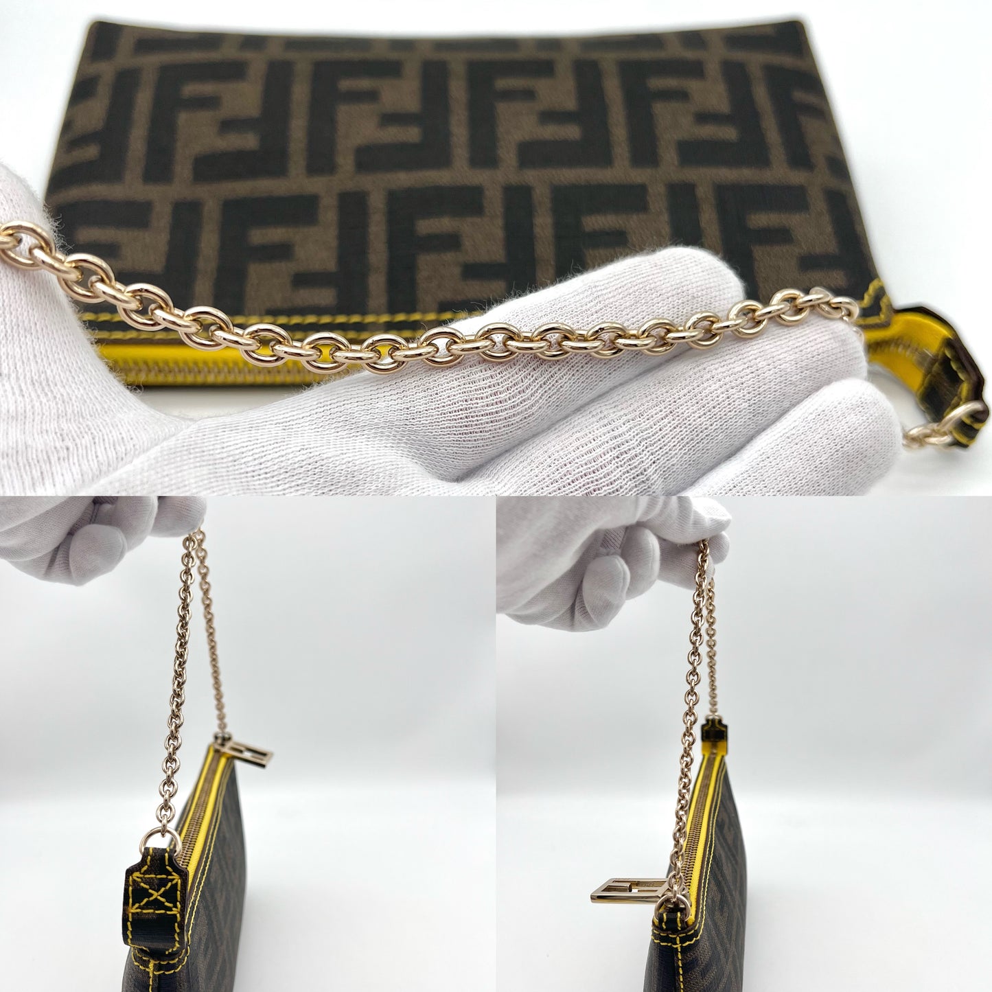 RARE☆AUTH Pre-owned FENDI ｽﾞｯｶ ﾁｪｰﾝｱｸｾｻﾘｰﾎﾟｰﾁ ﾌﾞﾗｳﾝ×ｲｪﾛｰ GHW