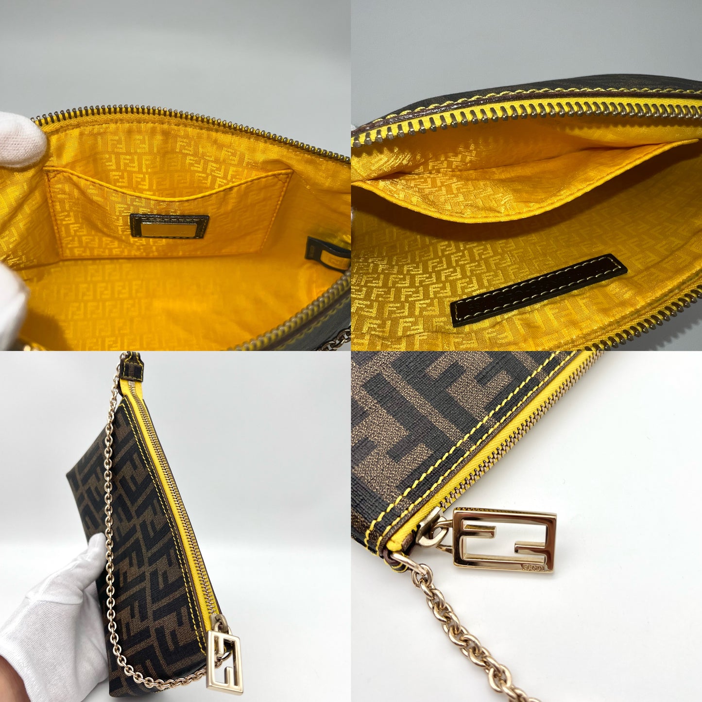 RARE☆AUTH Pre-owned FENDI ｽﾞｯｶ ﾁｪｰﾝｱｸｾｻﾘｰﾎﾟｰﾁ ﾌﾞﾗｳﾝ×ｲｪﾛｰ GHW