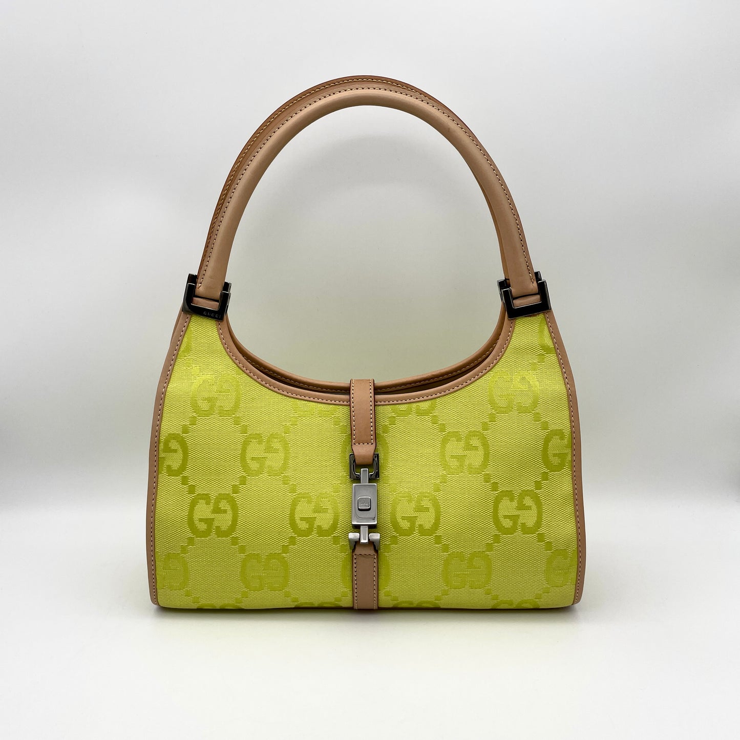 RARE☆☆AUTH Pre-owned GUCCI GG canvas jack rock double handle light green