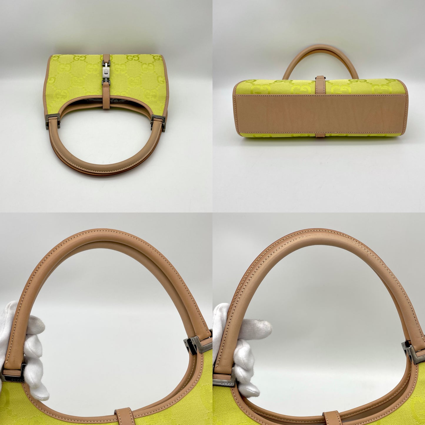 RARE☆☆AUTH Pre-owned GUCCI GG canvas jack rock double handle light green