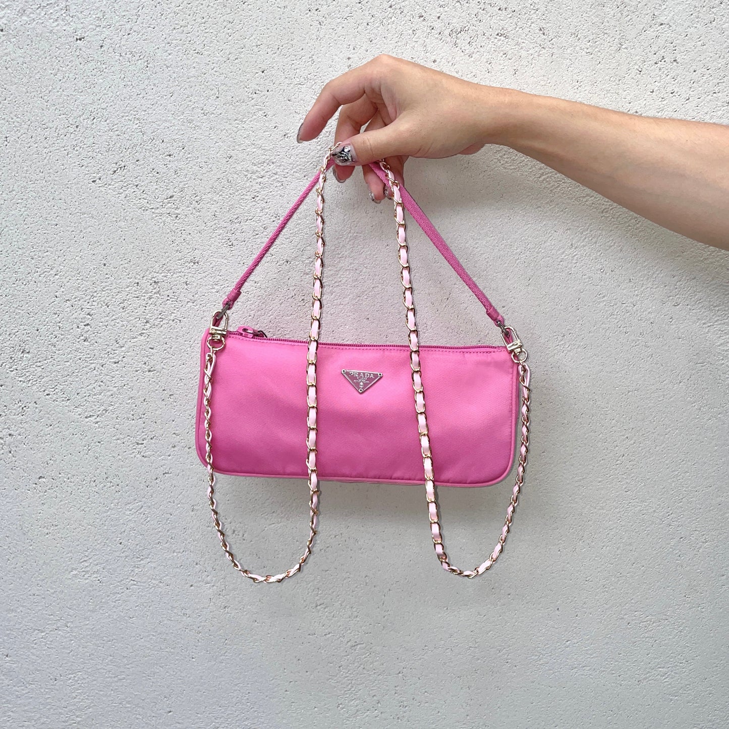 PRADA Triangle Logo Nylon Accessory Pouch Hand Bag Pink &amp; Silver