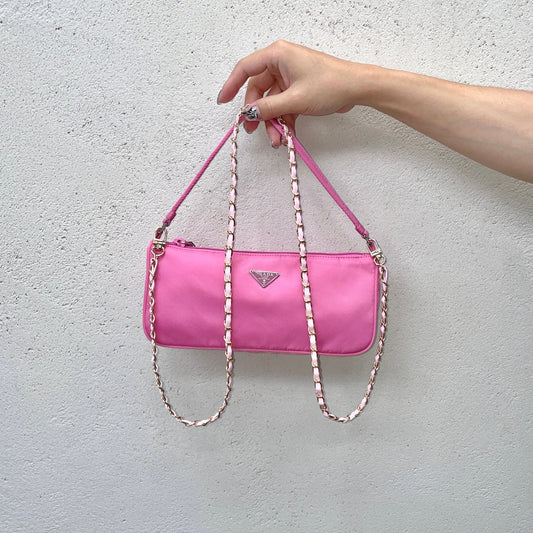 PRADA Triangle Logo Nylon Accessory Pouch Hand Bag Pink &amp; Silver